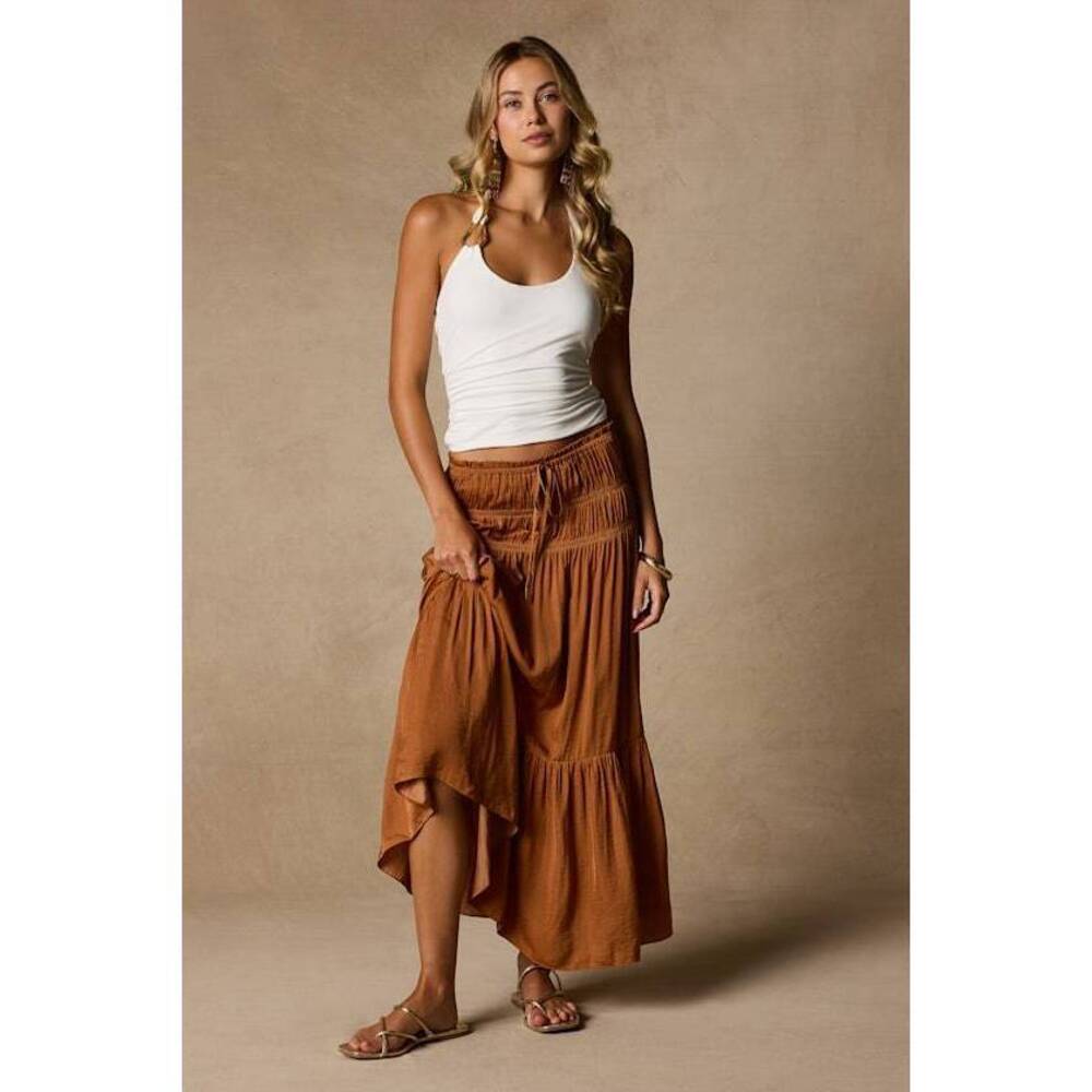 Lulus Goldie Light Brown Ruched Midi Skirt - Size M